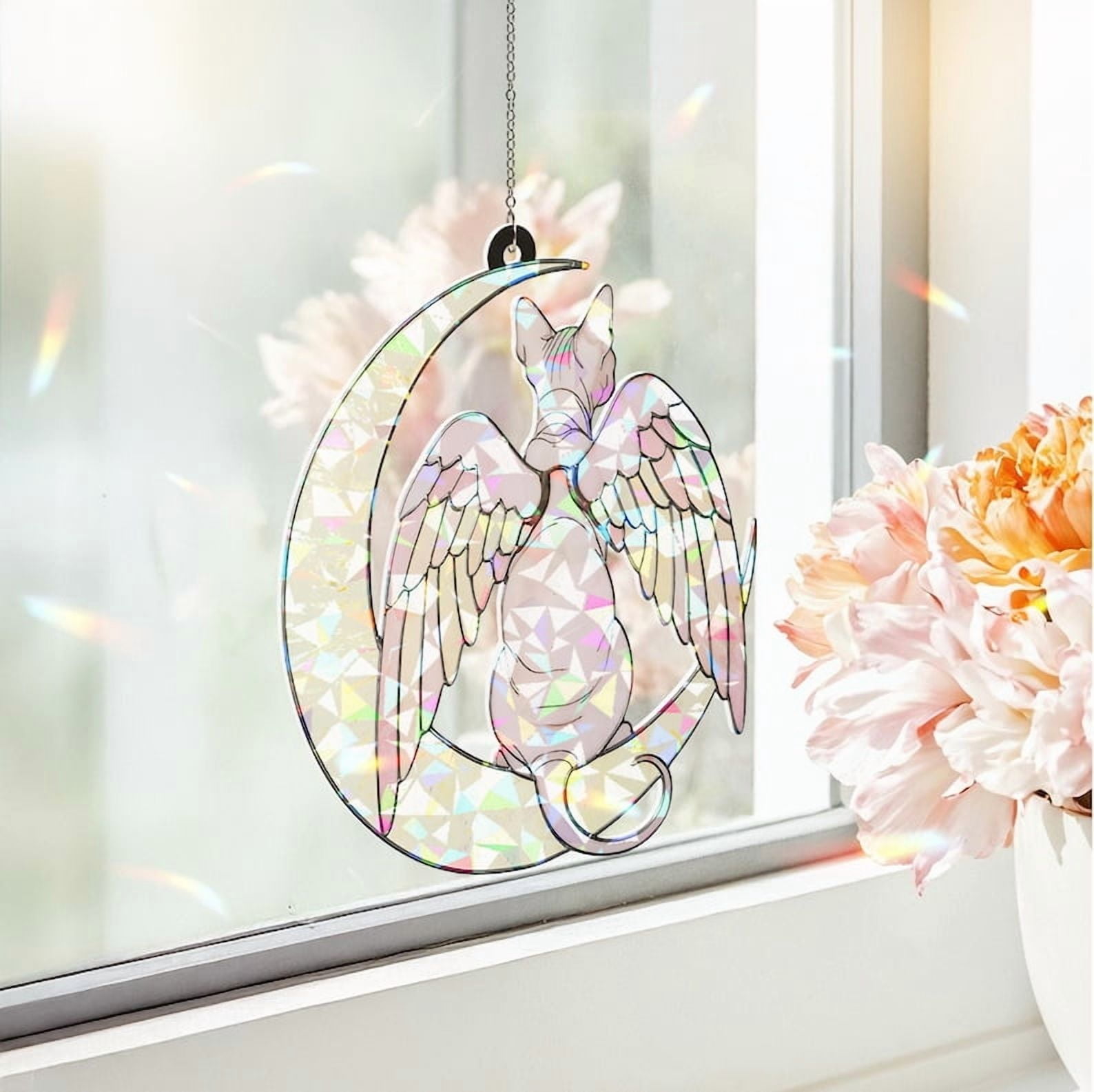 ViciArt Sphynx Angel Cat Suncatcher, 6" Holographic Acrylic Window Hanging, Celestial Pet Memorial Decor