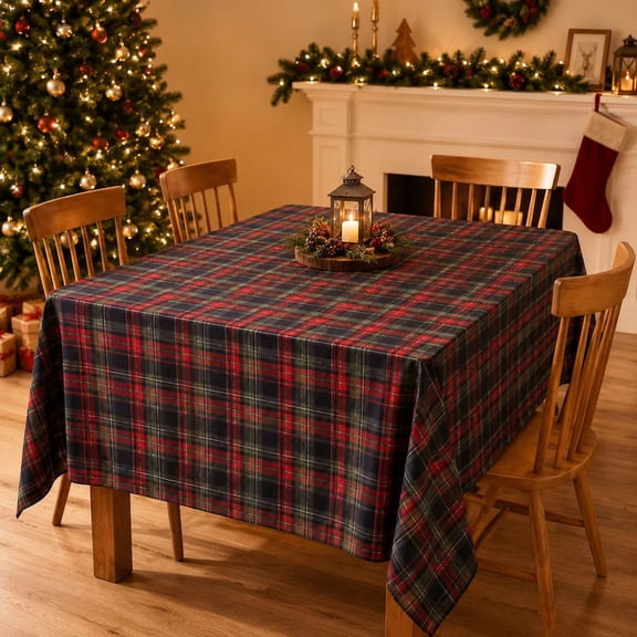 Rustic Dark Tartan Christmas Tablecloth, Vintage Plaid Xmas Table Cover, Holiday - 54 x 54 in