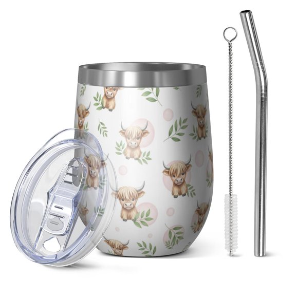 12oz Stemless Wine Tumblers White Highland Cow Leaf Pattern Vacuum Insulated Stainless Steel Travel Tumbler Cups Mug with Lid and Straw for Champaign,Cocktail,Beer with Cleaning Brush