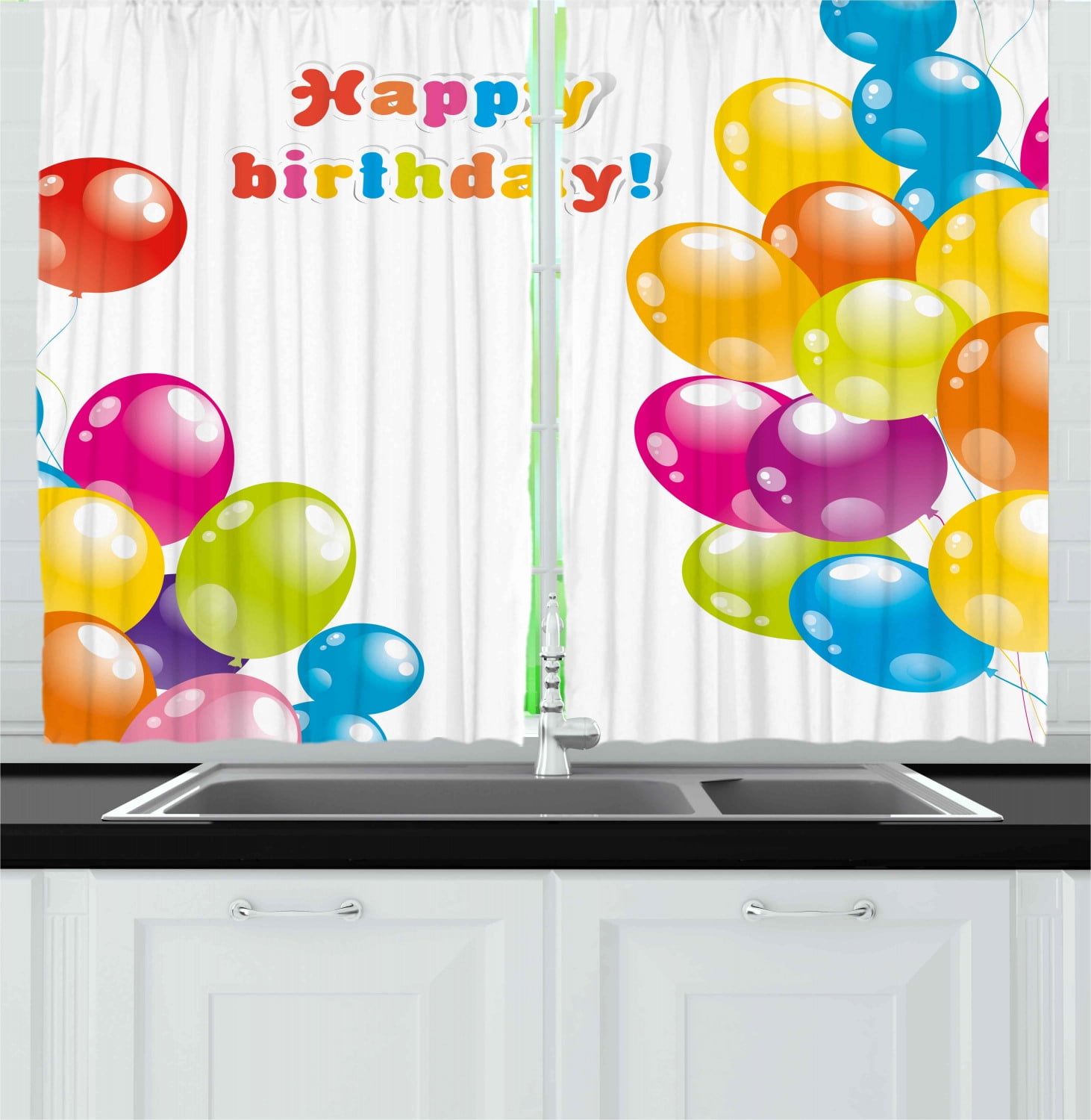 Birthday Curtains 2 Panels Set, Colorful Festive Mood Flying Party Balloons in Surprise Happy