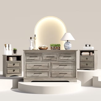 rustic grey dresser and nightstand set SICOTAS 3 Piece Farmhouse Bedroom Dresser and Nightstand Set, Fluted 6  Drawer Dresser, Nightstand Set of 2 with Drawer & Open Shelf for Living  Room,
