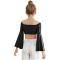 thumbnail image 2 of TTAO Kids Girls Glossy Metallic Bell Sleeve Off Shoulder Jazz Modern Dance Crop Tops Performance Shirt Dancewear Black 12, 2 of 7