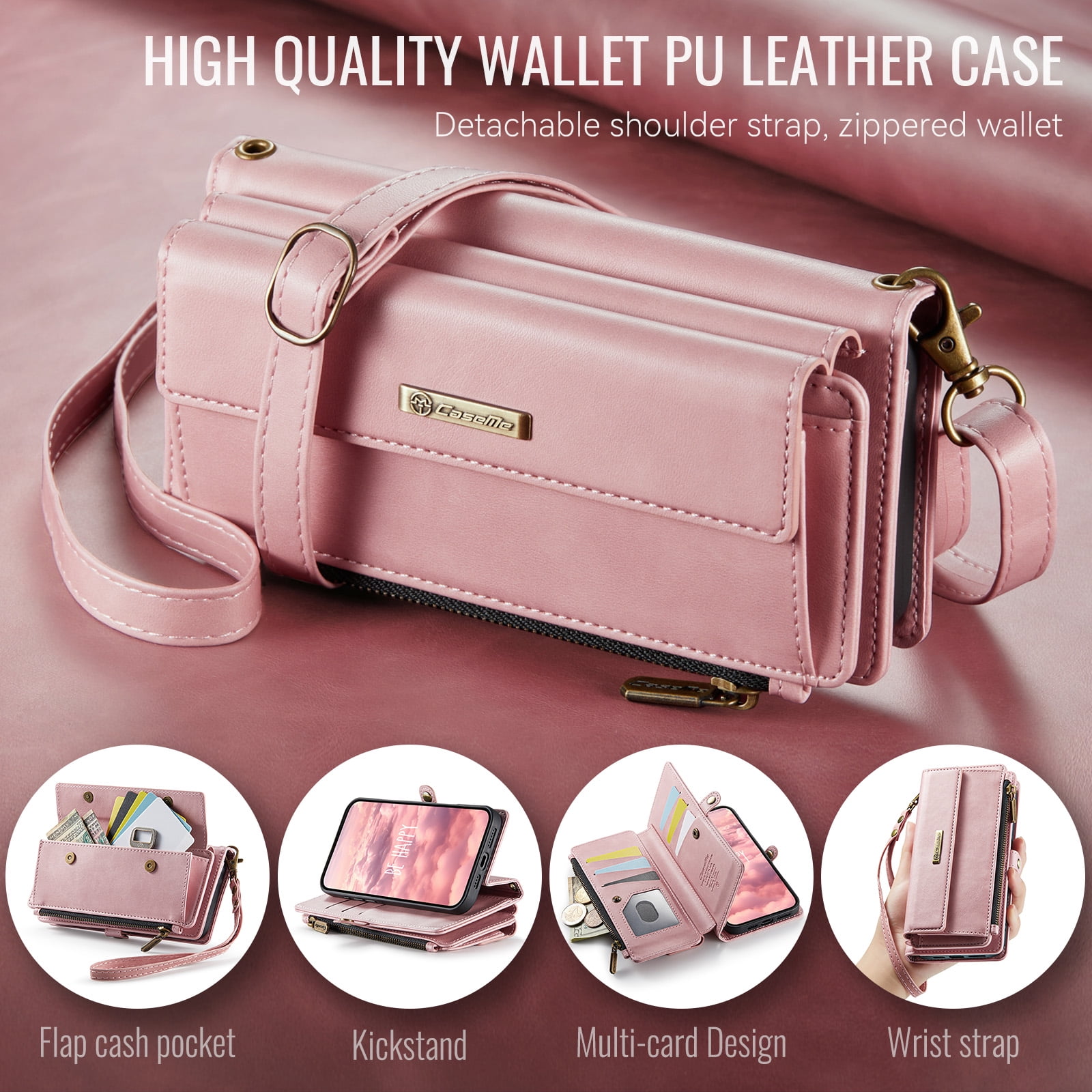 Compatible with iPhone 17 Pro Max Wallet Case, Women Men RFID Blocking PU Leather Flip Cover Zipper Pocket Card Slots Phone Case for iPhone 17 Pro Max, Wrist Strap & Crossbody Strap, Pink