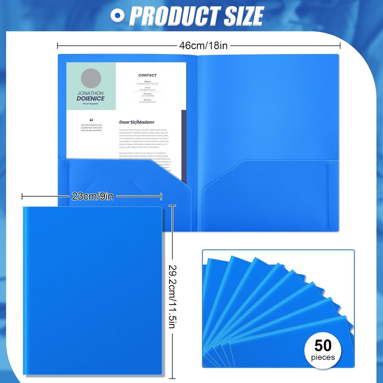 Heavy Duty Two Pocket Plastic Folders with Pockets, Letter Size School Office Folders, 11.61 x 9.45 Inches, Business Card Holder, Blue, 50 Pack