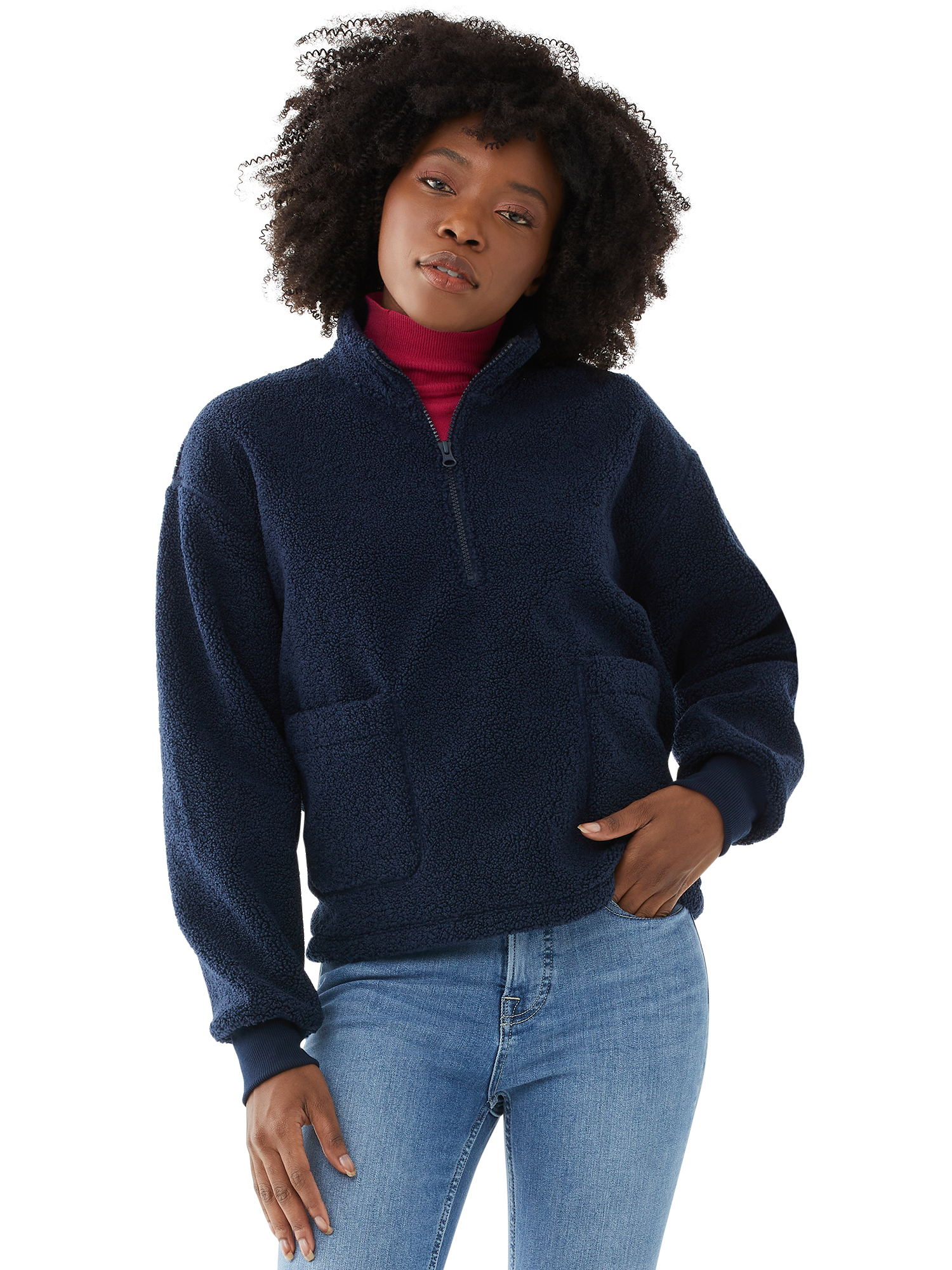 Free Assembly Women's Half Zip Faux Sherpa Sweatshirt