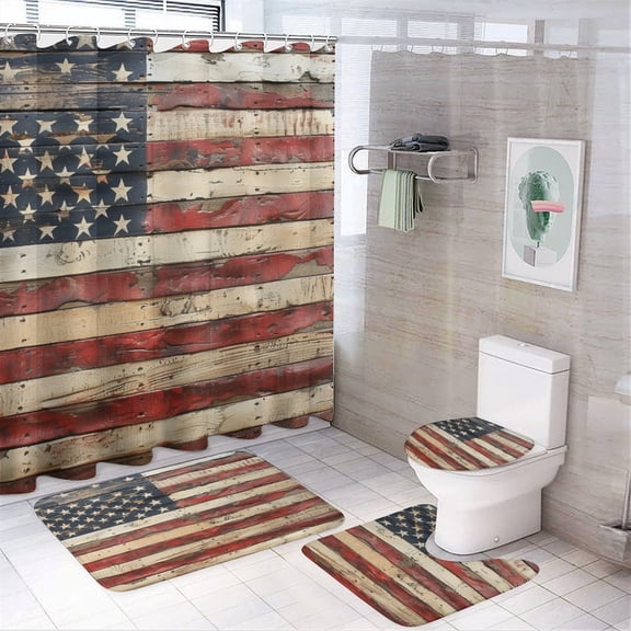 4 Piece Bathroom Shower Curtain Sets Bathroom Sets with Curtain Rug Toilet Cover And U Shaped Mat American Flag Vintage Waterproof Durable Bathroom Decor Shower 4th of July for Bathtub Decor