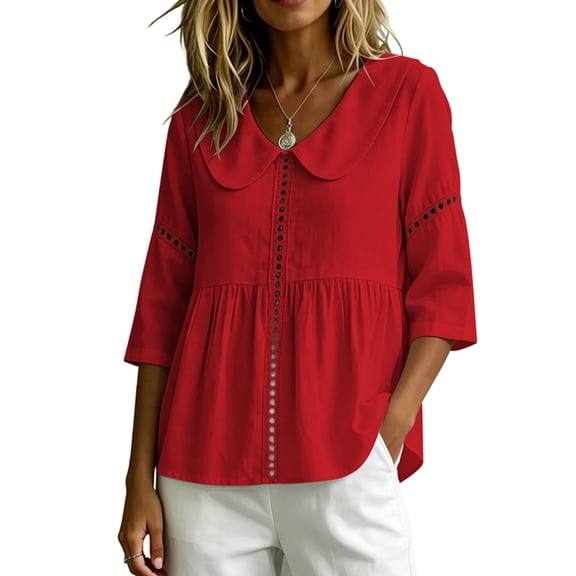 Women's Doll Collar Eyelet 3/4 Sleeve Peplum Blouse Red S