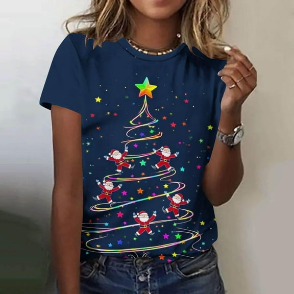 Ailaofu Cute Xmas Tree Graphic Tees for Women Trendy Short Sleeve Ugly Christmas T Shirts Trendy Holiday Christmas Tops