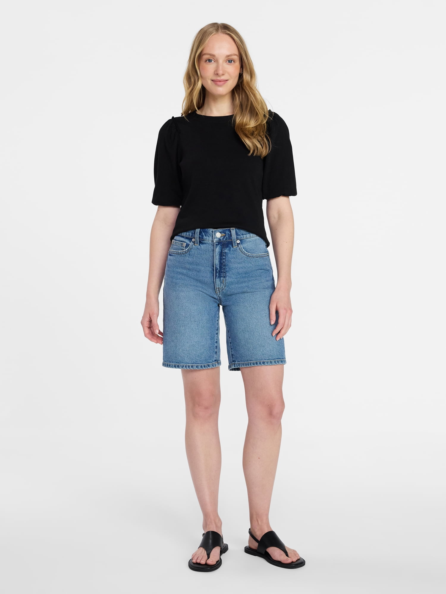 Time and Tru Women's Cotton Crewneck Tee with Puff Sleeves, Sizes XS-XXXL