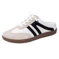 thumbnail image 3 of Women's Striped Canvas Slip On Sneaker Mules, Backless Casual Lace Up Flat Loafers Low Top Walking Shoes With Comfortable Cushioned Insole Durable Rubber Sole Everyday Wear,White 8.5, 3 of 6