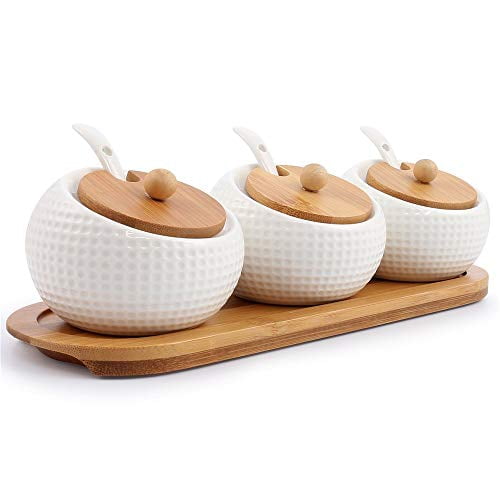 DecentGadget 3pack glass Spice jars set Sugar Bowl Seasoning Pots with Bamboo Lid holders ans 3 Spoon 