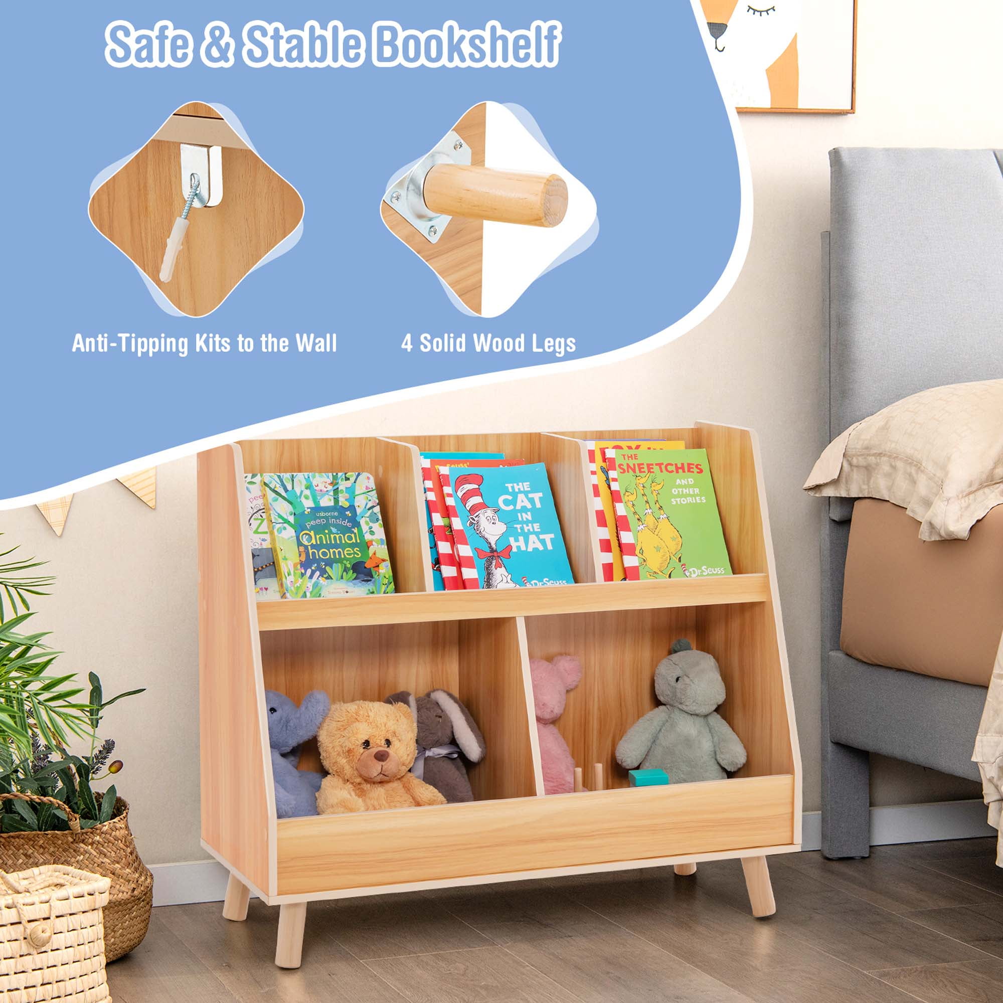 Costway 5-Cube Kids Bookshelf and Toy Organizer Wooden Storage Bookcase with Wood Legs Natural