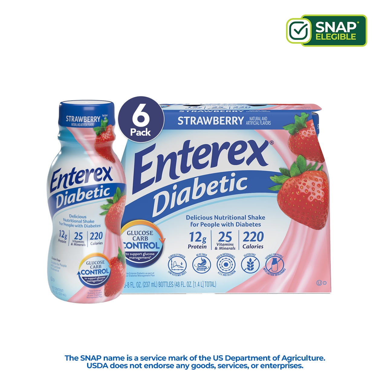 Enterex Diabetic Nutritional Meal Replacement Shake,for People with Diabetes,Strawberry , 8 fl oz, 6 Pack