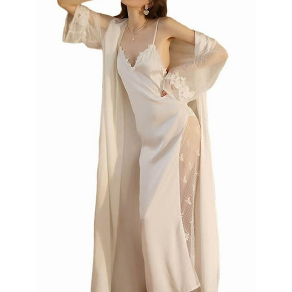 Women'S Casual Sleeveless V-Neck Suspender Maxi Dress Nightdress Satin Home Clothes White L