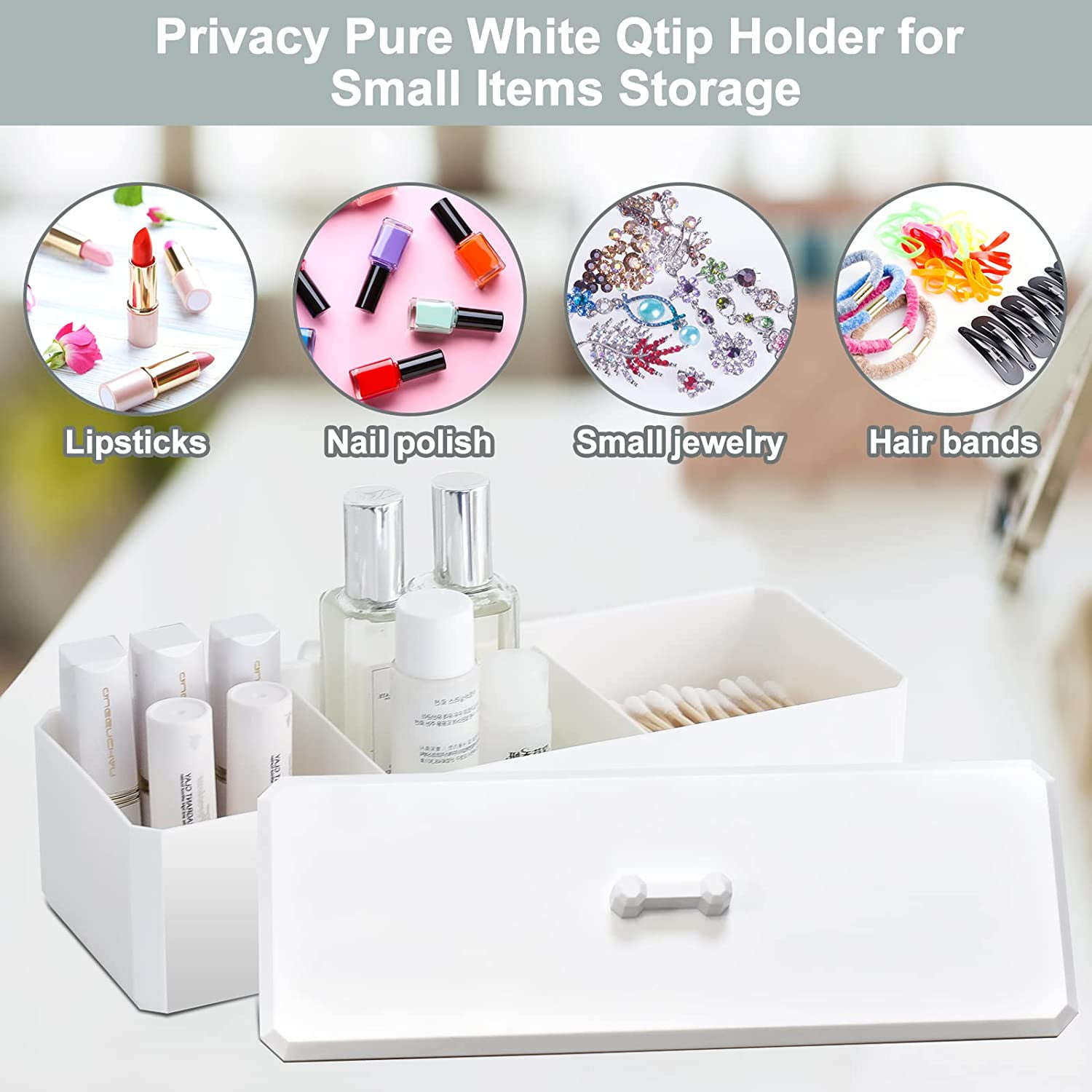 AOZITA 4 PACK Qtip Holder Dispenser + 1 Pack, 5-Compartment Clear Plastic  Bin - Divided Cosmetic Makeup Caddy Organize