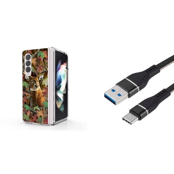 Accessory Bundle for Galaxy Z Fold 4: Slim Snap-On Case (Hunter Camo Deer), Nylon Braided USB-C to USB-A Cable (3 Feet)