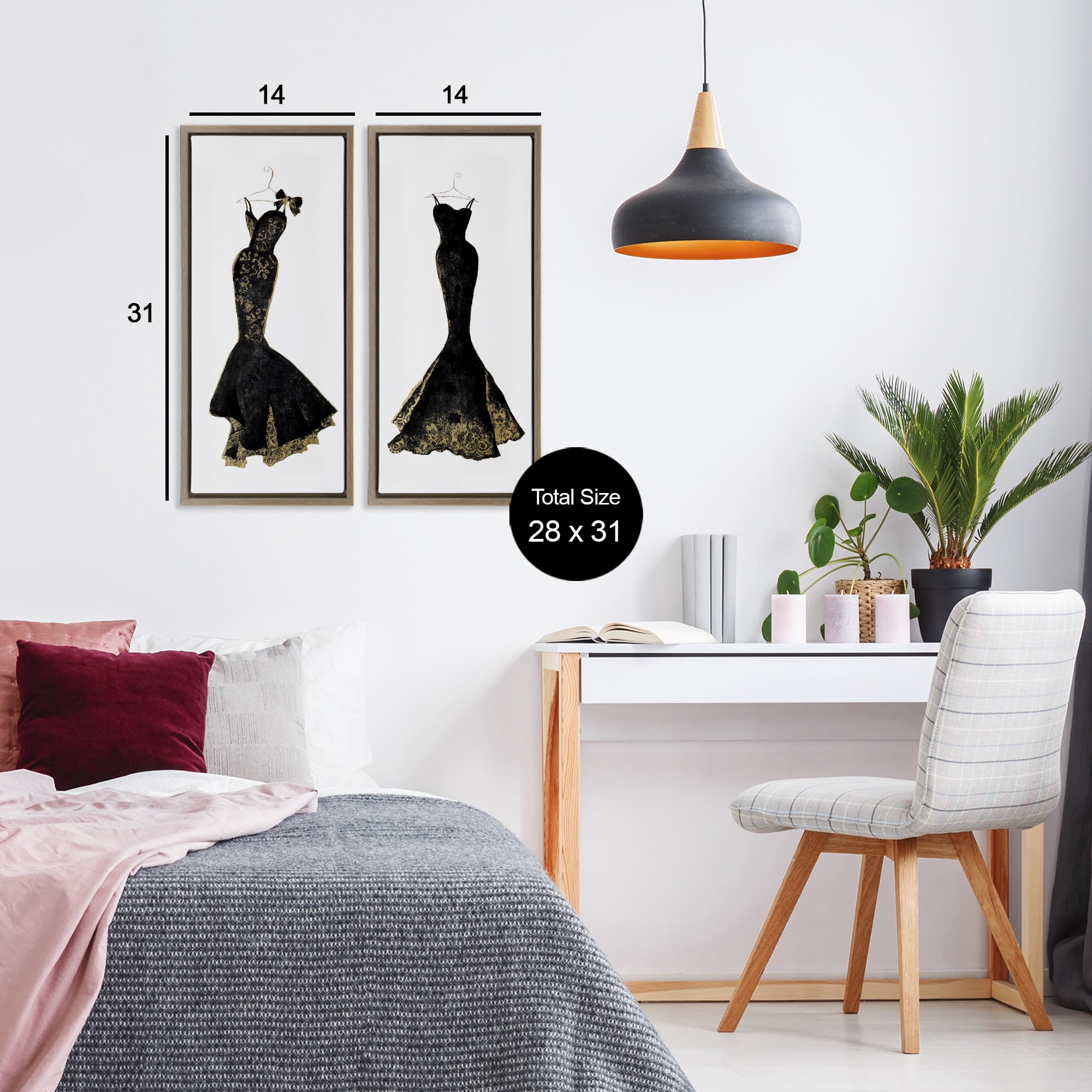 Stupell Industries Gilded Black Evening Gowns 2 Piece Brown Framed Floater Canvas Set, design by Janet Tava