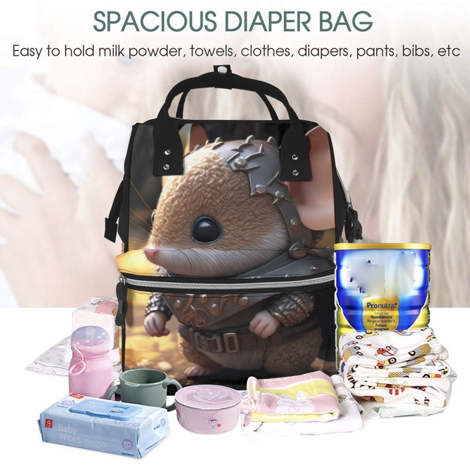 Fuzoiu Cute Big-Eared Mouse Print Diaper Bag Backpack,Baby Essentials Travel Tote,Multi function Waterproof Diaper Bag, Travel Essentials Baby Bag - Unisex