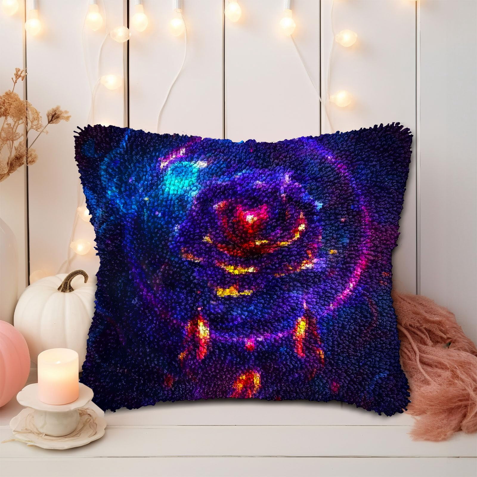 Luminescence Rose DIY Latch Hook Pillow Kits for Adults Printed Pillowcase Crochet Yarns Hooking Handmade Pillow Cover Cushion for Home Sofa Decoration 17x17inch(3)