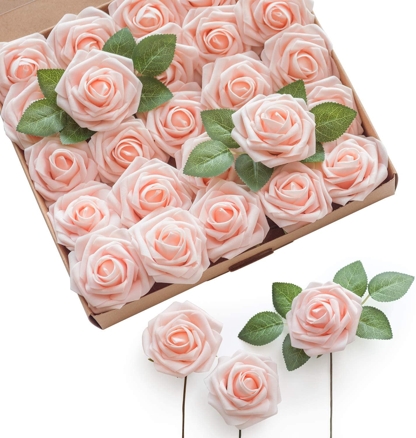50pcs Artificial Flowers Rose Blush Real Looking Roses With Stem White 