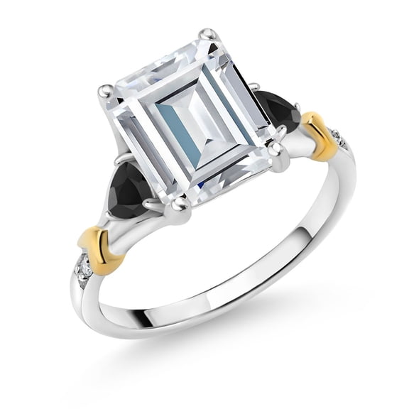 Gem Stone King 925 Silver and 10K Yellow Gold White Moissanite and Black Onyx and Diamond Engagement Ring for Women (3.81 Cttw, Emerald Cut 10X8MM, Trillion 3.5MM, Size 9)