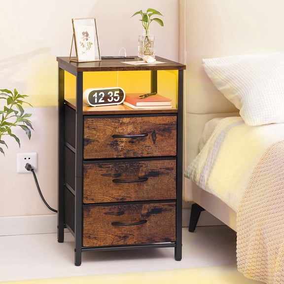 Night Stand with Charging Station, LED Nightstand with USB Ports and Outlets, End Table with Fabric Drawers and Storage Shelf, Small Bedside Tables for Bedroom Living Room, Brown