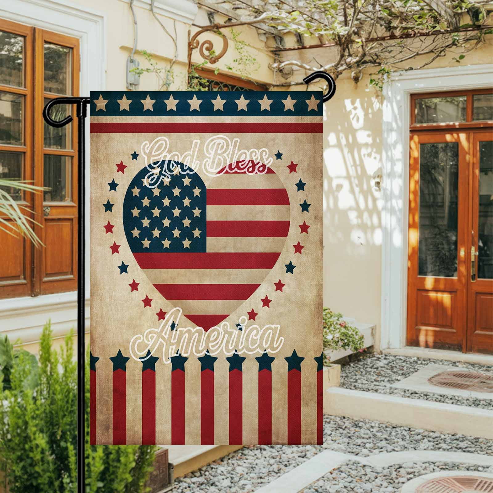 4th of July Garden Flags God Bless America Garden Flag Double Sided Welcome Flag Retro Patriotic Stars Stripes Heart Independence Day Yard Flags for Outdoor Lawn Porch Memorial Day Decor 28x40 Inch