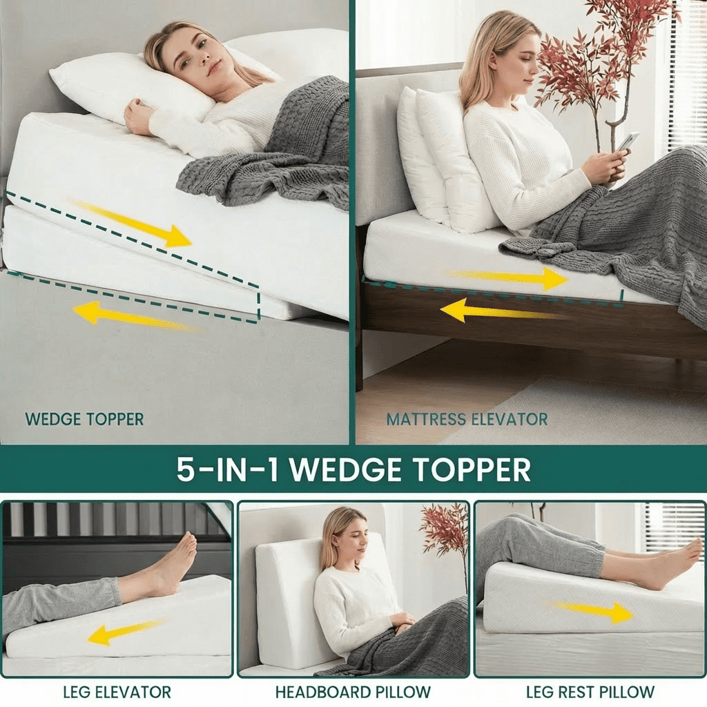 CHARRYARN Bed Wedge Pillow Twin with Memory Foam Top, 5.5 Inch Incline Foam Support Wedge Pillow, Wedge Mattress Elevator with Washable Cover,King,White