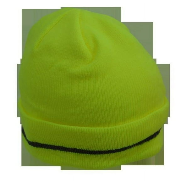 Petra Roc LBE-S1 Safety Beanie Hat Lime with Reflective Woven Stripe 100 Percent Acrylic Double Layer Knit, One Size