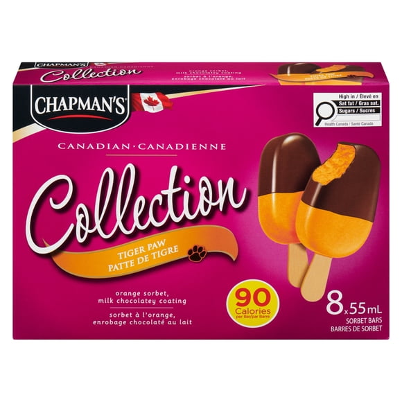 Chapman's Low Calorie Canadian Collection Tiger Paw Sorbet Bars in a Carton 8 x 55 ml