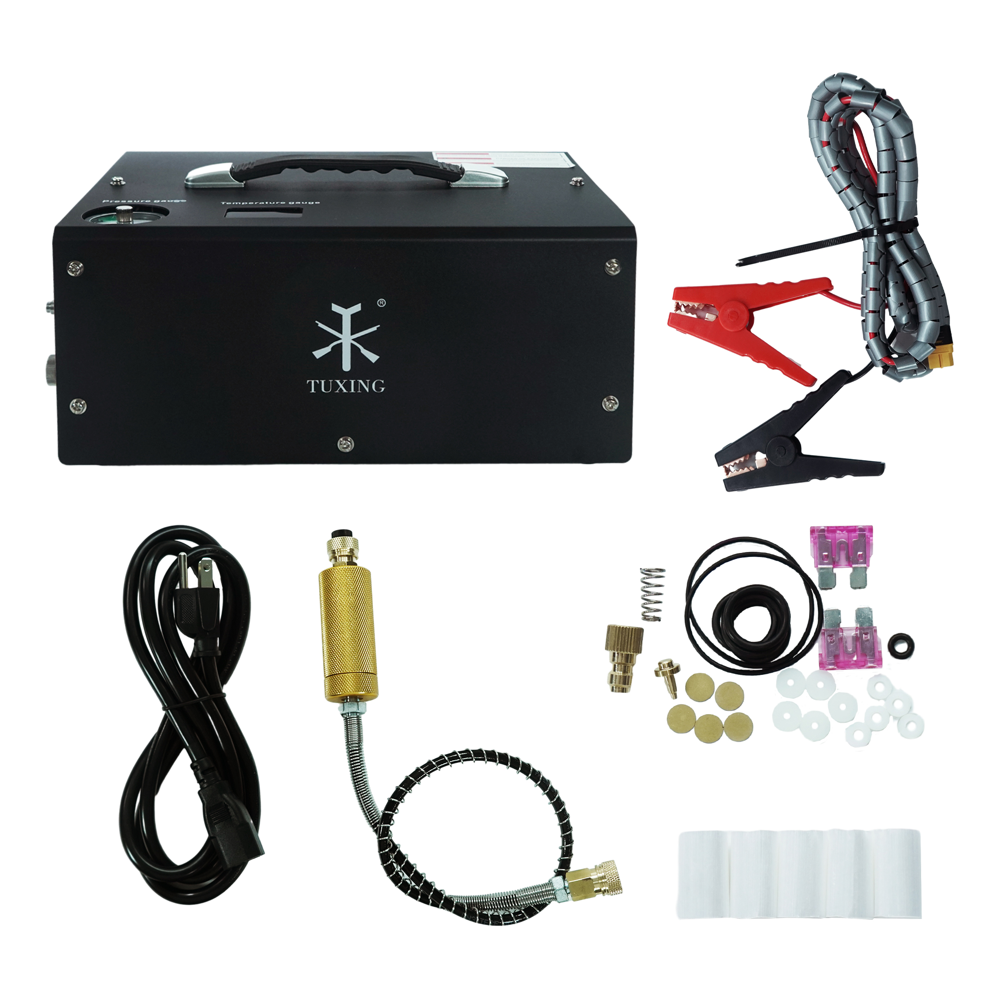 TUXING Portable PCP Air Compressor, 4500Psi/30Mpa, Auto Stop,Oil-Free,Built-in Converter Powered by Car 12V DC or Home 110V AC,Paintball Tank Compressor with Extra Moisture-Oil Separator