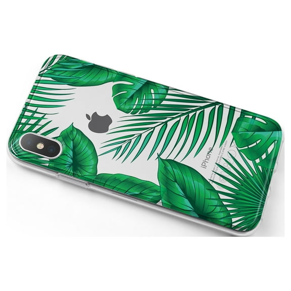 DistinctInk Clear Shockproof Hybrid Case for iPhone X / XS (5.8" Screen) - TPU Bumper, Acrylic Back, Tempered Glass Screen Protector - Green Tropical Leaves