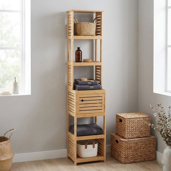 Tall Bathroom Storage Cabinet with Multiple Shelves and Vented Door, Natural - Trinidad Collection
