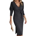 thumbnail image 6 of Women's Knit Midi Dress Evening Spring Autumn Clothing Chic Elegant Slim Fit Solid Color Wrap V Tie Front Long Sleeve Dress-a-S, 6 of 7