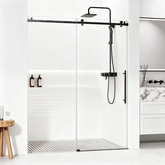 Garvee Sliding Shower Door 56-60" w x 75 "h Semi-Frameless Bathroom Shower Door with 5/16" (8Mm) Tempered Glass and Stainless Steel Handle for Walk-in Showers, Matte Black