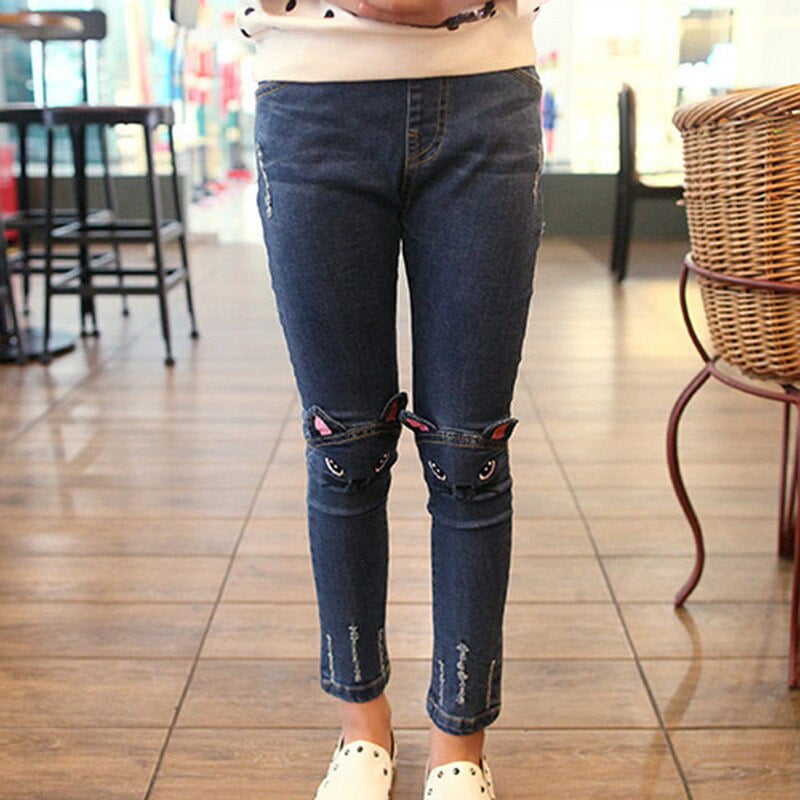 Aamilife Big Girls Kids Distressed Ripped Hole Teens Jean Blue Cat Slim Denim Pants Blue