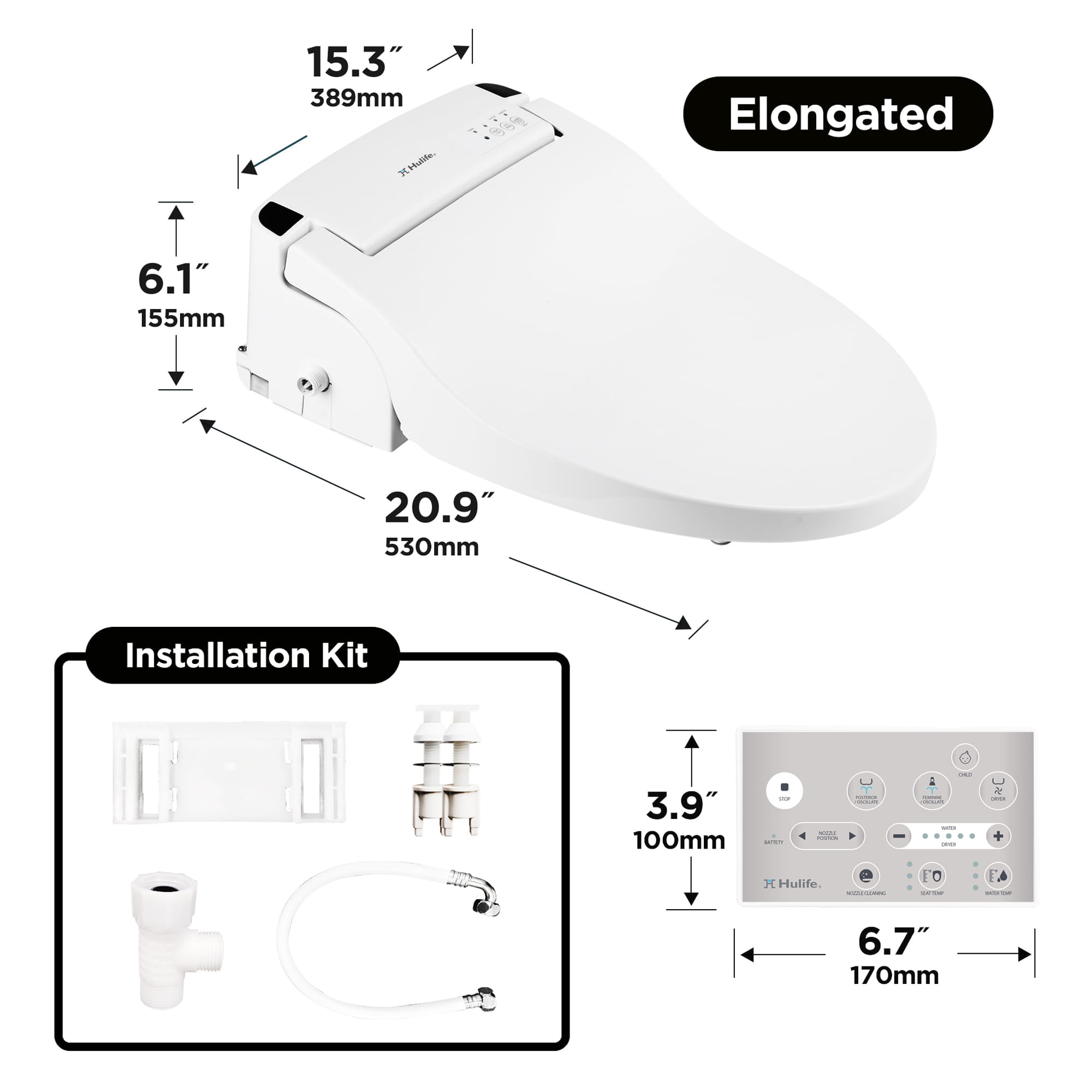 Hulife HLB-4000ER Electric Bidet Seat, White Elongated Attachment, Remote Control, LED Nightlight, Warm Water, Heated Seat, Dryer