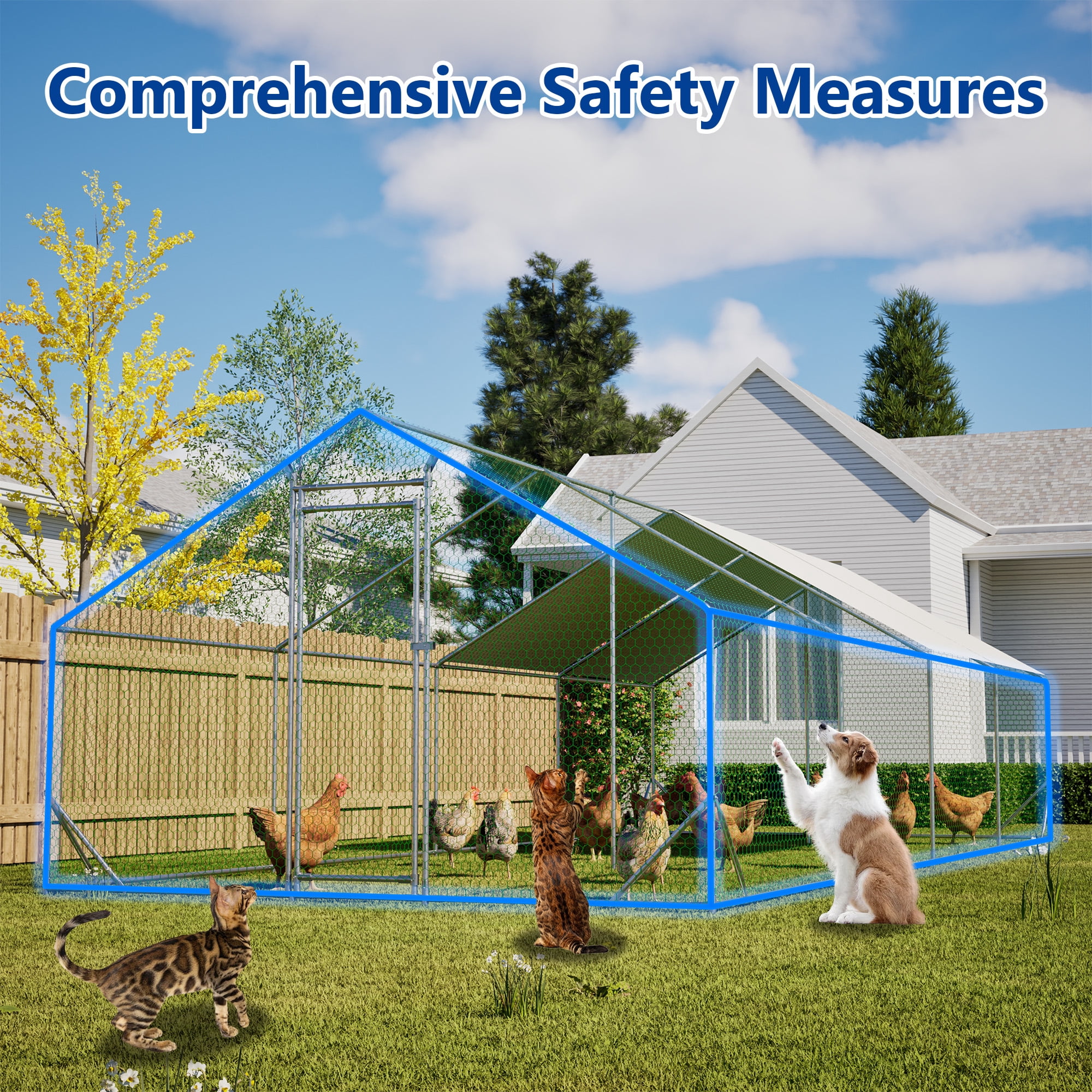 MAYEERTY 10'x26'x6.56' Metal Chicken Coop, Walk-in Poultry Pen w/UV-Proof Cover Lockable Door for Backyard