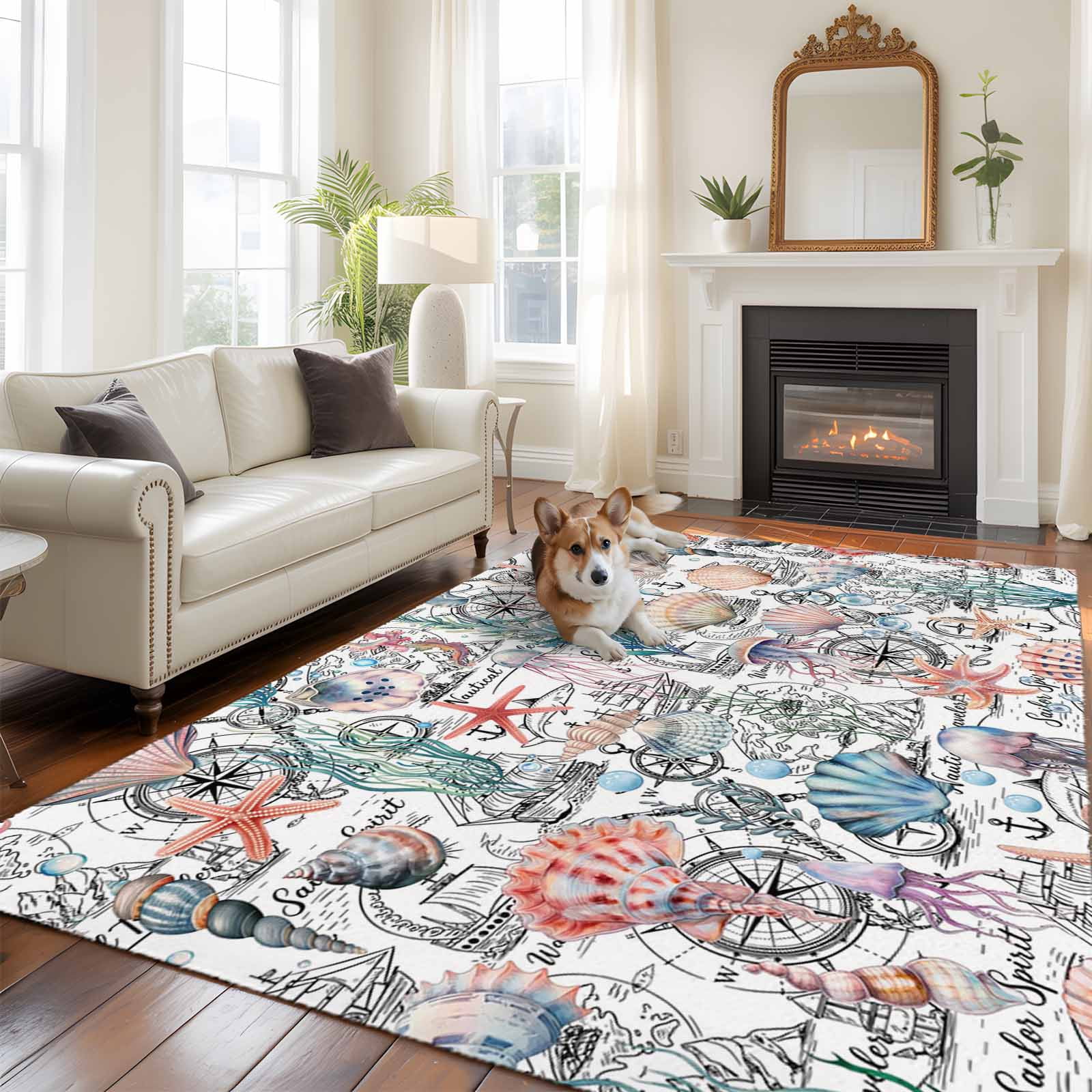 Shell Starfish Coastal Area Rugs 6'x9', Washable Small Throw Rugs for Kitchen Dining room, Nautical Ocean Summer Beach Indoor Outdoor Rug Non-Slip Low Pile Carpet Runner Reversible Floor Mats
