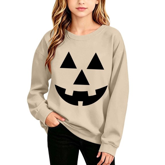 Risckoth Girl's Pumpkin Face Print Crew Neck Sweatshirt, Warm Long Sleeve Casual Pullover