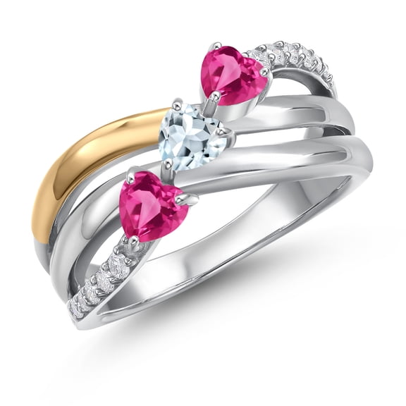 925 Silver and 10K Yellow Gold Pink Created Sapphire and Sky Blue Aquamarine and Lab Grown Diamond Engagement Ring for Women | 1.34 Cttw | Heart Shape Gemstone September Birthstone | Size 5