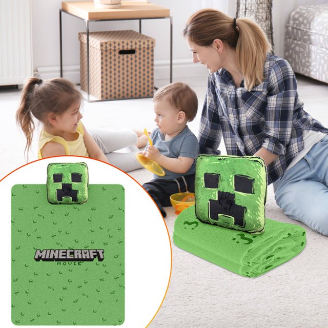 DomFun Minecraft Room Decor: Creeper 2-in-1 Throw Blanket - Foldable Fluffy Bedding, Official Microsoft Design for Boys, Living Room & Travel Use