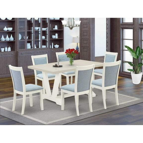 East West Furniture V026MZ015-7 7-Piece Modern Dining Set Contains a Dining Table and 6 Baby Blue Dining Chairs - Wire Brushed Linen White Finish