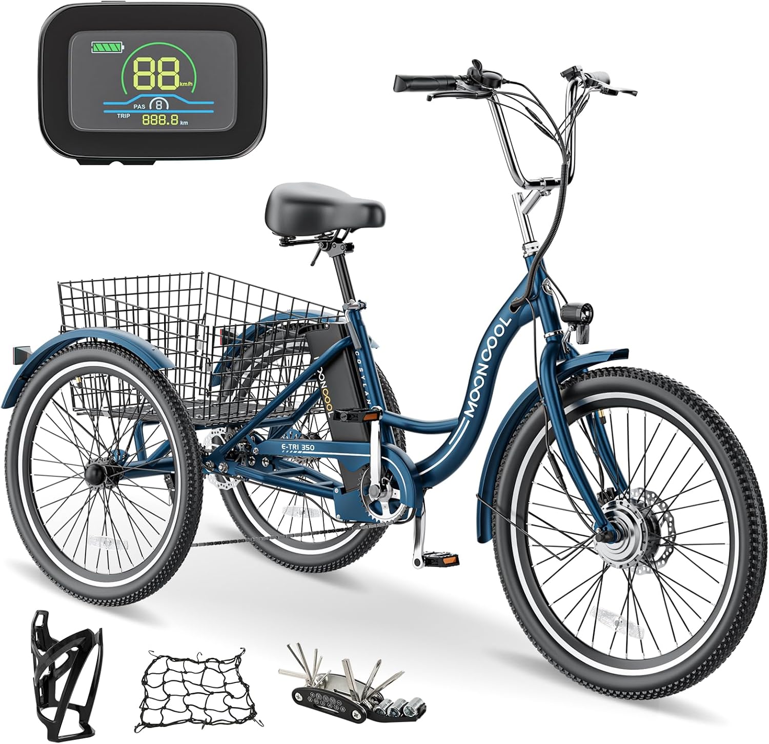 MOONCOOL 350W Motorized Electric Trike, 7 Speed 3 Wheel Electric Bicycle with 36V 10.4Ah Lithium Battery UL Certified, 24"/26" Electric Tricycle for Adults with Rear Basket