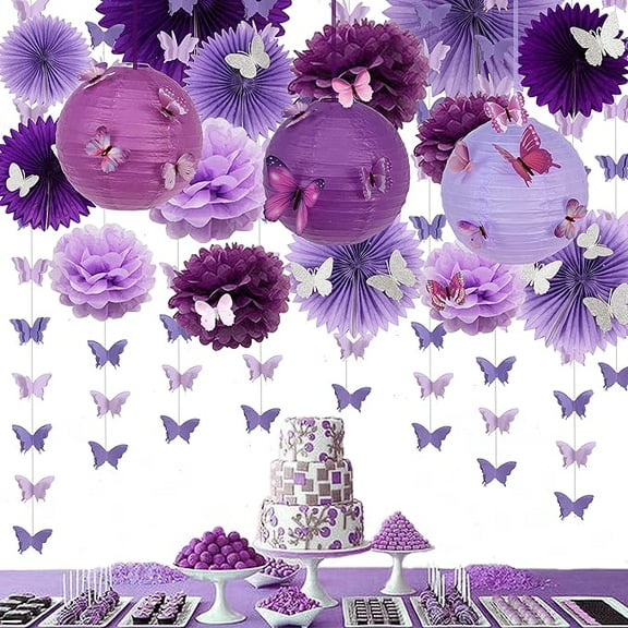 Butterfly Lavender Party Decorations - Purple Butterfly Paper Garland, Hanging Paper Fans, Lanterns and Honeycomb Balls for Girl Women's Birthday Party, Bridal Showers and Wedding