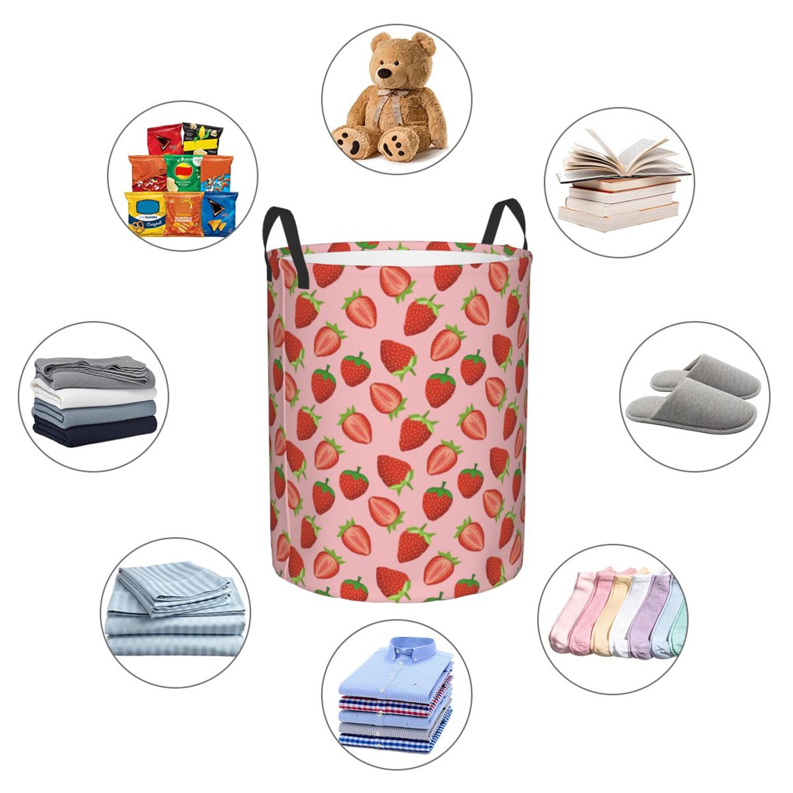 Large Laundry Basket with Handles - cartoon Strawberry Dainty Kids Baby Dirty Clothes Laundry Hamper for Bedroom Aesthetic