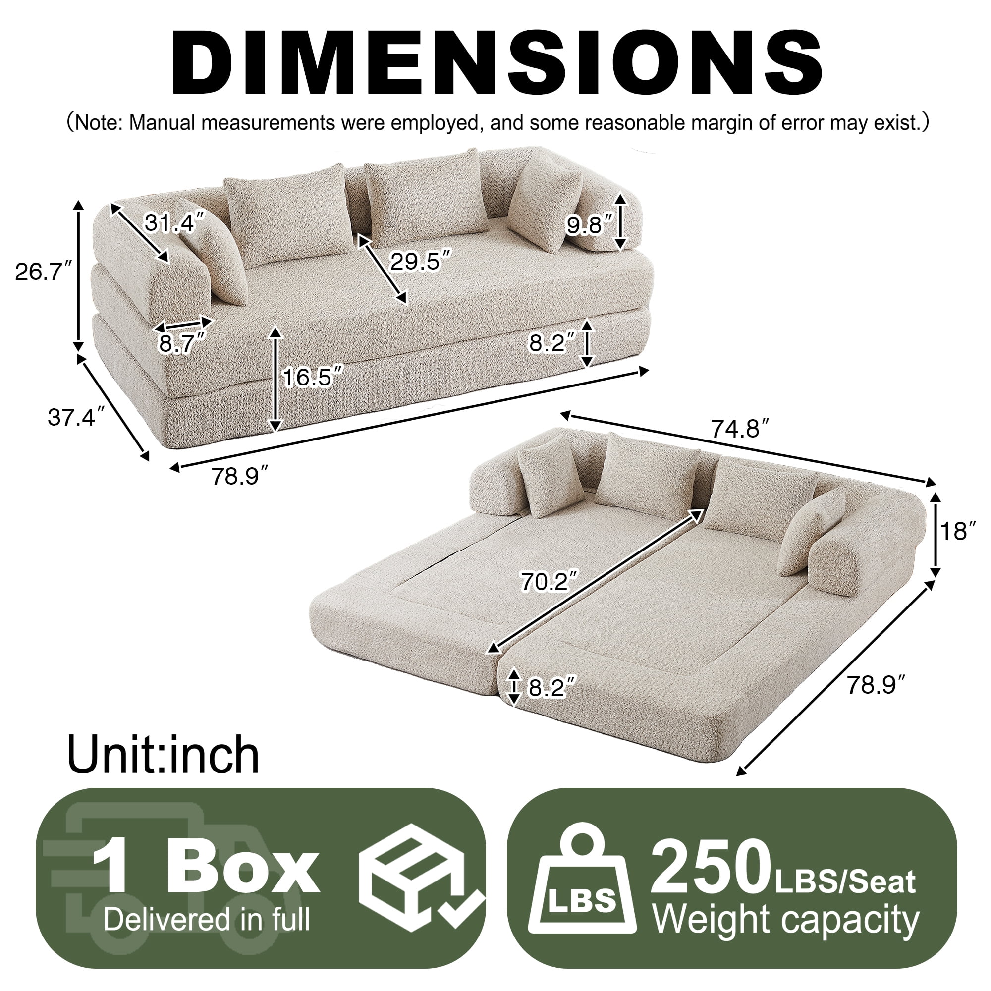 78.9inch Convertible Sleeper Sofa,Chenille Folding Mattress Sofa with DIY Removable Armrests,Floor Standing Lounge Sofa for Living Room Bedroom Small Space,khaki