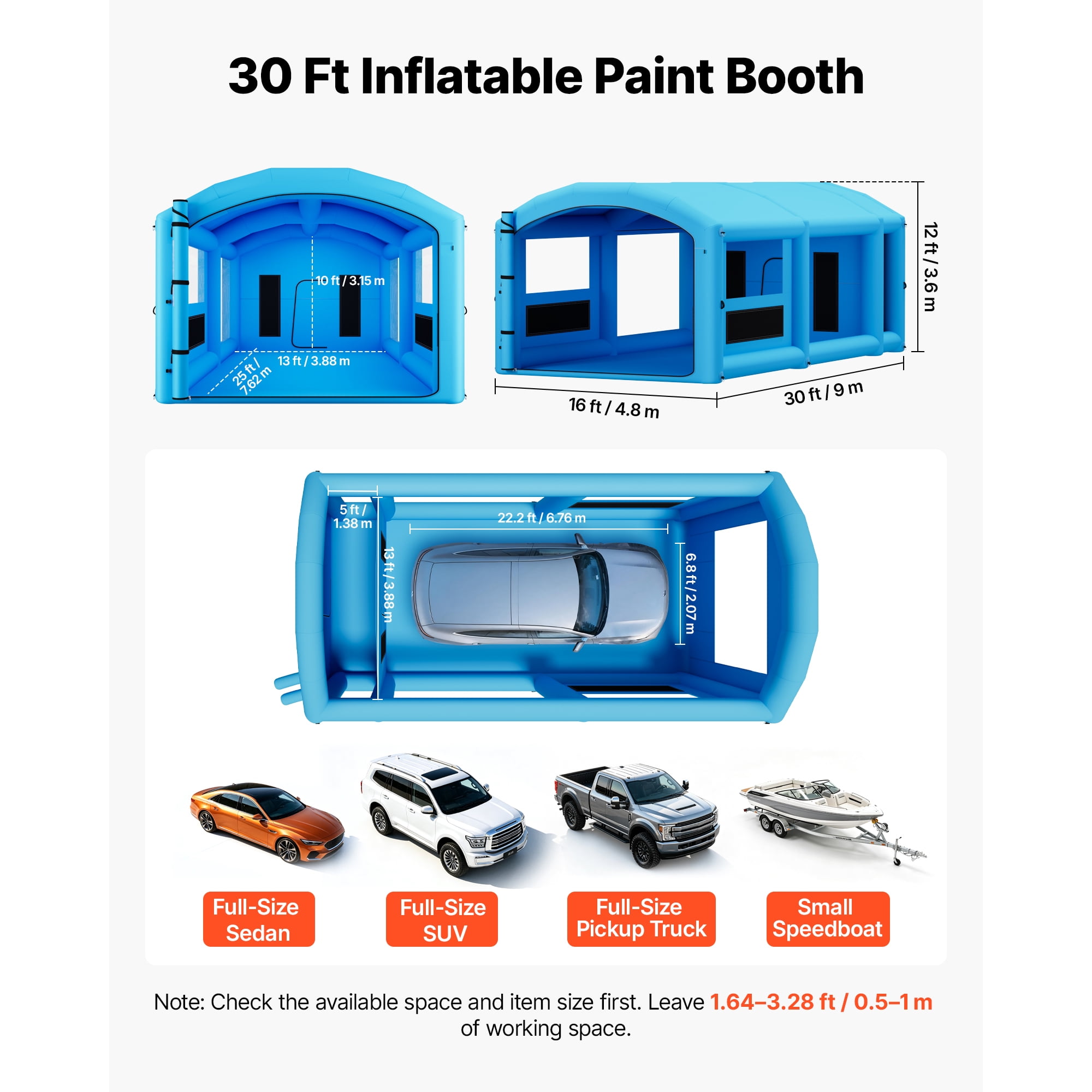 KFFKFF Inflatable Paint Booth, 30 x 16 x 12 ft, Portable Spray Tent with 750W+950W Blowers, Large Filters, Changing Area, Arched Roof for Full-Size Trucks and Small Boats, Blue