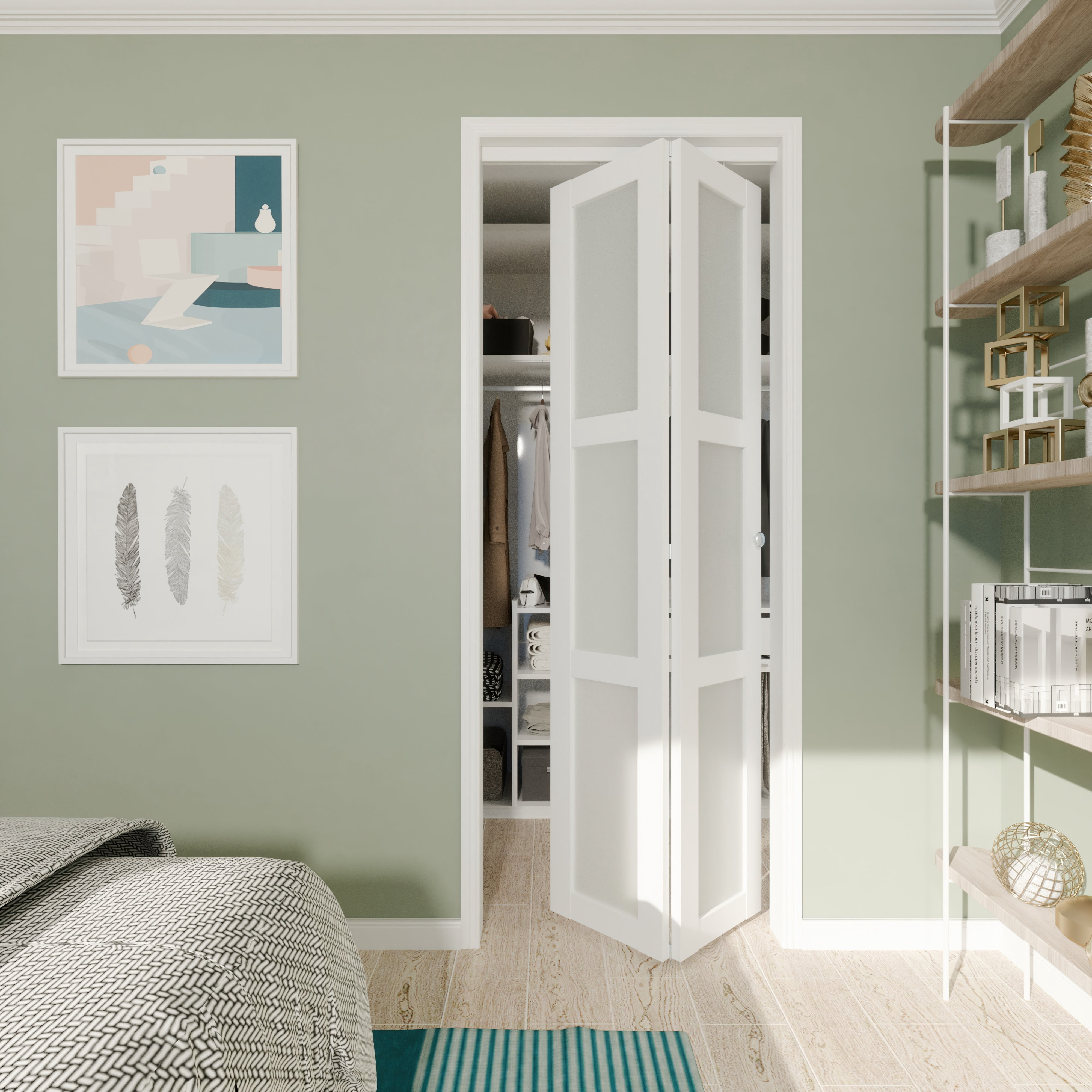 TENONER 30 in x 80 in Three Frosted Glass Panel Bi-Fold Interior Door for Closet, with MDF & Water-Proof PVC Covering