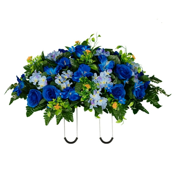 Sympathy Silks Artificial Cemetery Flowers - Blue Roses and Hydrangea - Saddle for Headstone